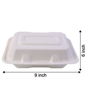 Vegnar Premium Bagasse Clamshell Food Box (10 Pc, 9x6 Inch)