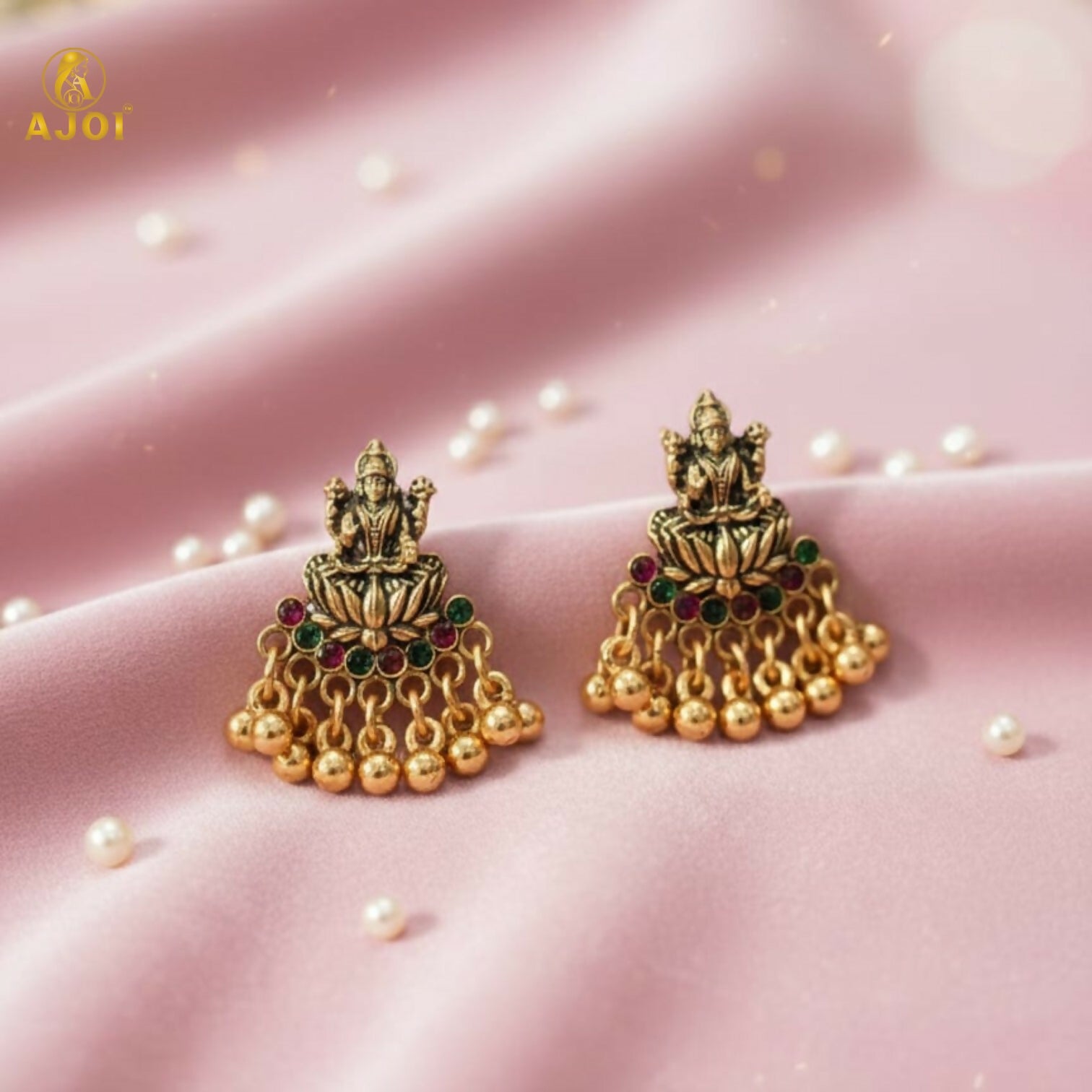 Divine Lakshmi Idol Antique Gold Mini Jhumka Earrings with Multicolor Stone Detailing