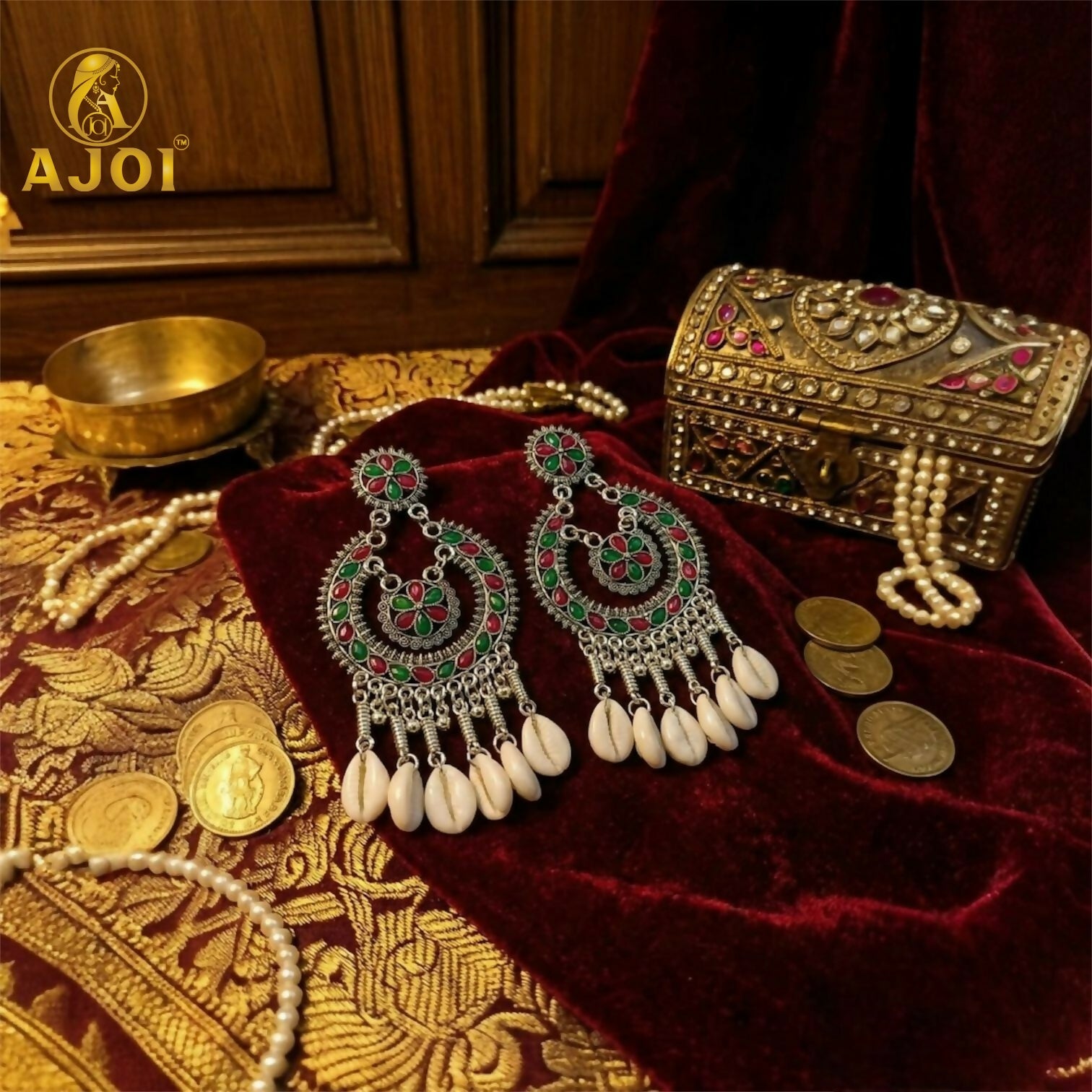 Classic Antique Silver Chandbali with Floral Enamel Work & Cowrie Shell Dangles | Traditional Wedding Statement Earrings.