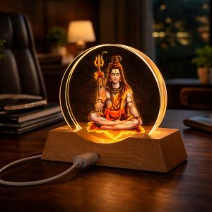 LED Lord Shiva Acrylic Lamp with Wooden Base Spiritual Decor
