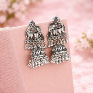 Traditional Silver Look Elephant Jhumka Earrings