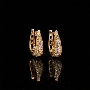 Elegant Curved Pavé Crystal Huggie Earrings in Gold Finish