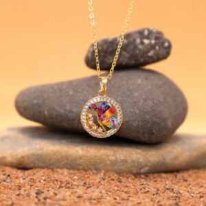 Gold Butterfly Pendant Necklace - Colorful Crystal Circle For women and girls