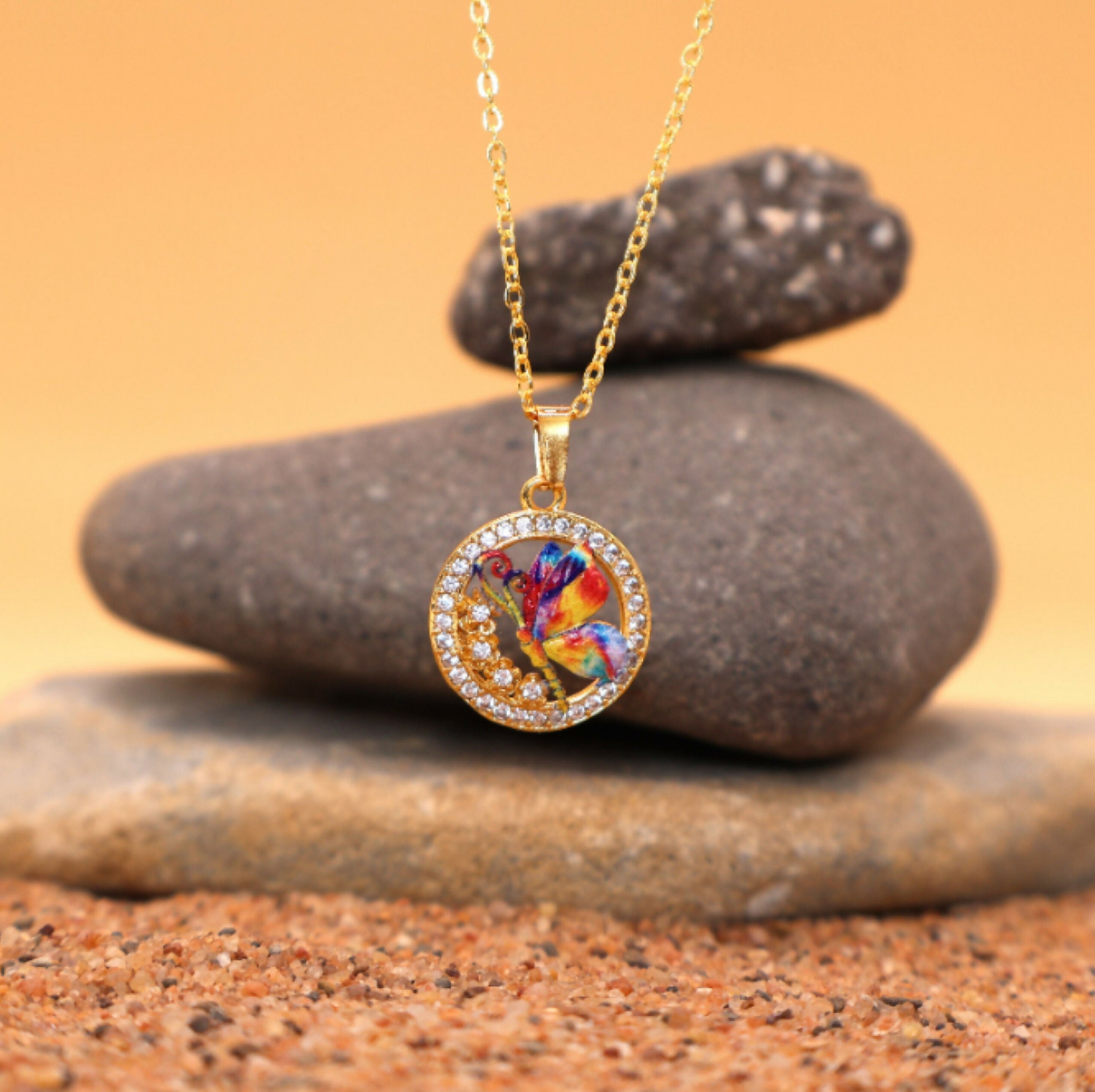 Gold Butterfly Pendant Necklace - Colorful Crystal Circle For women and girls - Image 2