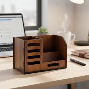 Premium Wooden Desk Organizer with Phone Stand, Pen Holder, Card Holder (1 Pc)