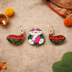 Acrylic Meenakari Diya Ganesh Shubh Labh Door Hanging – Set of 3
