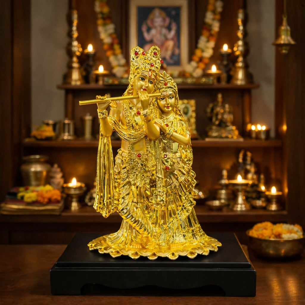Radha Krishna Golden Idol Flute Statue for Home Temple Decor