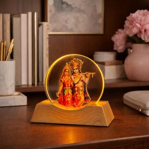 LED Radha Krishna Acrylic Lamp with Wooden Base Spiritual Decor