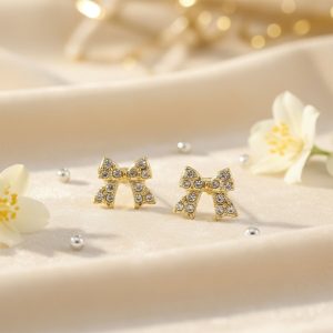 Elegant Crystal Bow Stud Earrings for Women | Gold Plated Rhinestone Ribbon Earrings | Cute Korean Style Party & Daily Wear