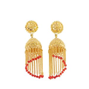 Traditional Gold Tone Tassel Jhumka Earrings Long Chain Drop Ethnic Earrings for Women