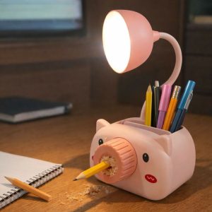 Pink Kids Desk Lamp with Pencil Sharpener and Pen Holder Study Table Light