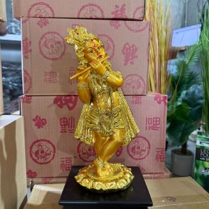 Lord Krishna Flute Idol Golden Finish Statue for Home Temple Decor