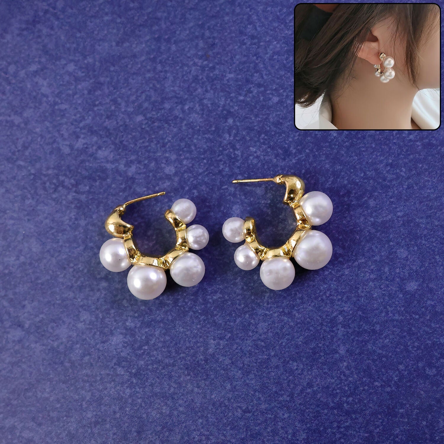 Elegant Pearl Cluster Hoop Earrings for Women – Korean Style Gold Plated Fashion Jewellery