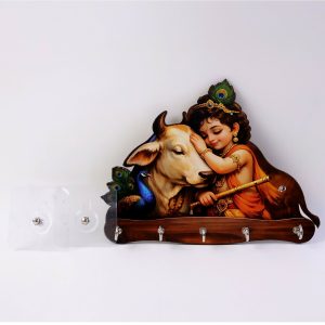 Baby Krishna with Cow Wooden Wall Key Holder – 5 Hooks Organizer