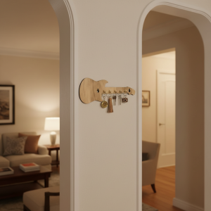 Wooden Guitar Shape Key Holder for Wall | Decorative Wooden Key Rack for Home, Office, Studio Entrance Décor