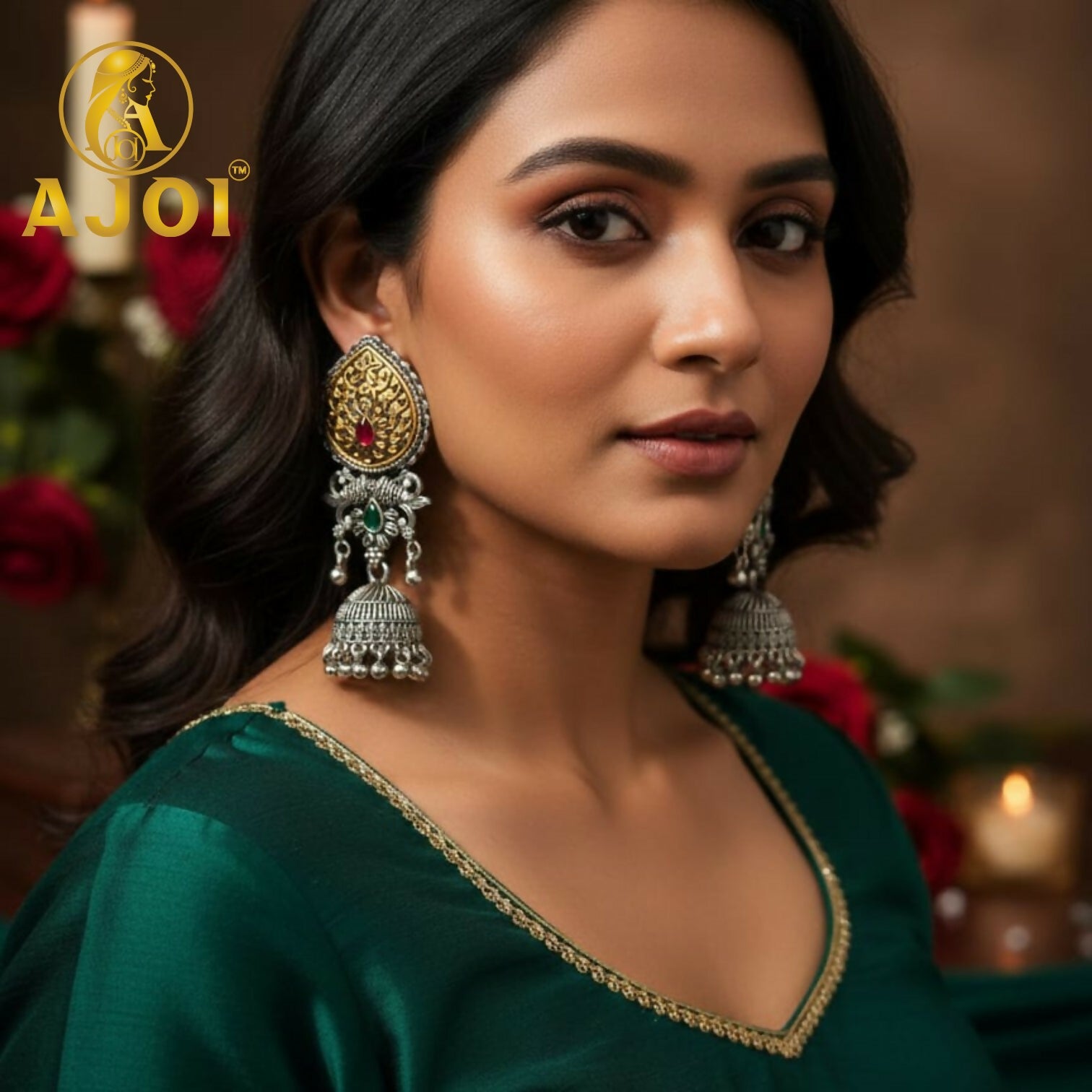 Premium Dual Tone Stone Jhumka Earrings with Elegant Traditional Detailing - Image 2