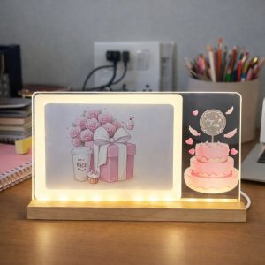 LED Birthday Gift Photo Frame Lamp with Wooden Base Decor