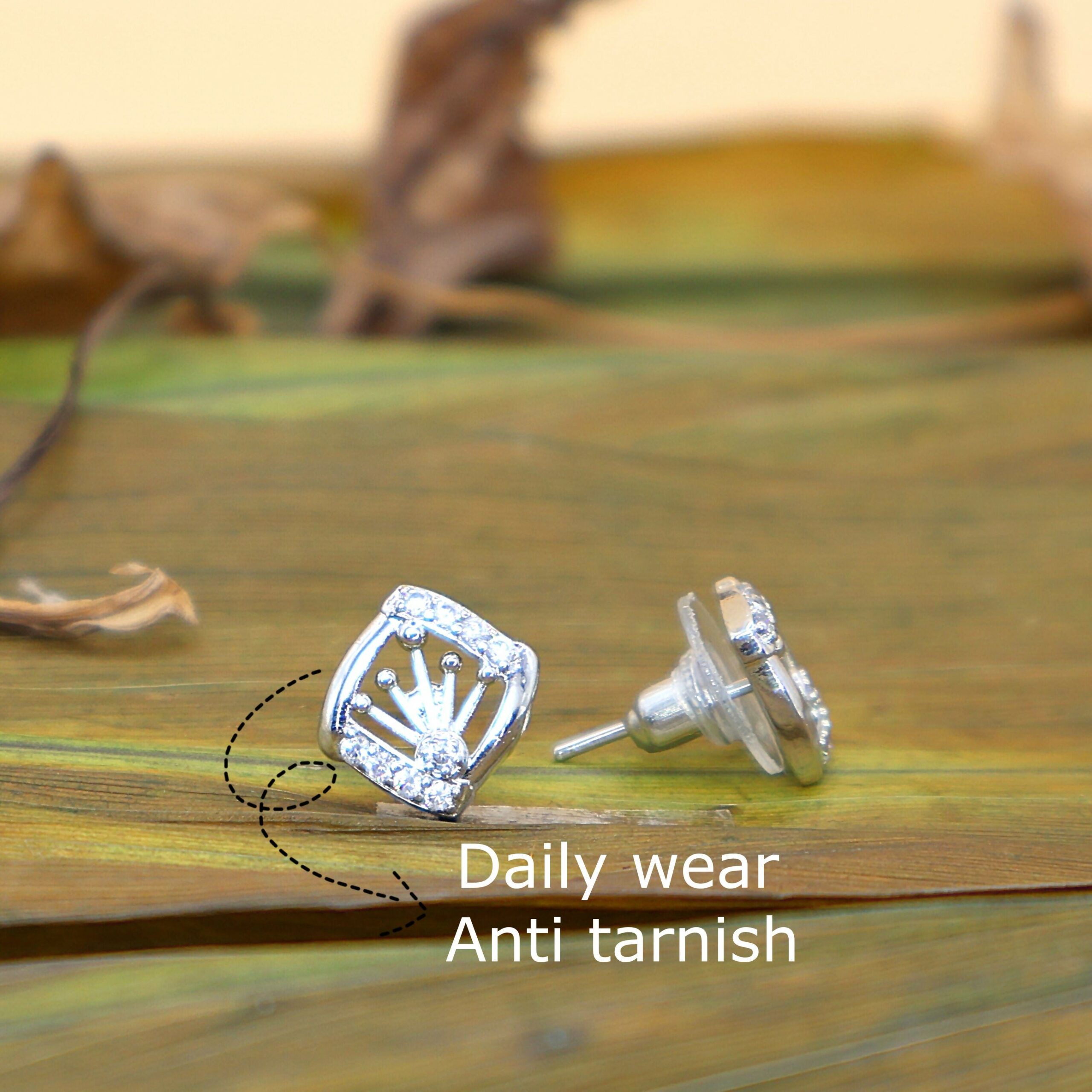 Rhodium Plated AD Crown Stud Earrings - Anti-Tarnish, Daily Wear for women and girls - Image 2