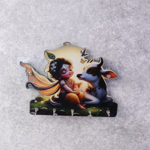 Decorative Krishna Cow Design Wall Key Holder with 5 Hooks – No Drilling Required