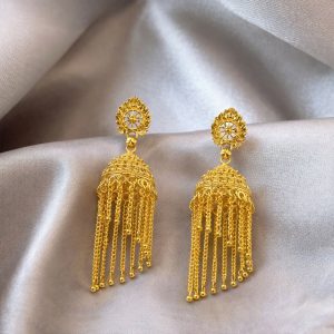 Traditional Gold Tone Chain Tassel Jhumka Earrings Long Ethnic Dangle Earrings for Women