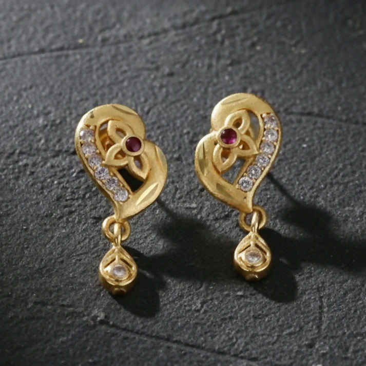 Decorative Leaf Pattern Gold Stud Earrings With Embedded Stones And Drop Element