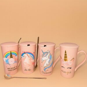 Premium Unicorn Printed Ceramic Mug With Golden Lid & Spoon | Cute Pink Coffee Mug With Lid For Girls, Office & Home Use | 400ml Large Capacity Tea Cup | Gift For Birthday, Kids, Women, Magic Unicorn Printed Cup (Pack of 1)