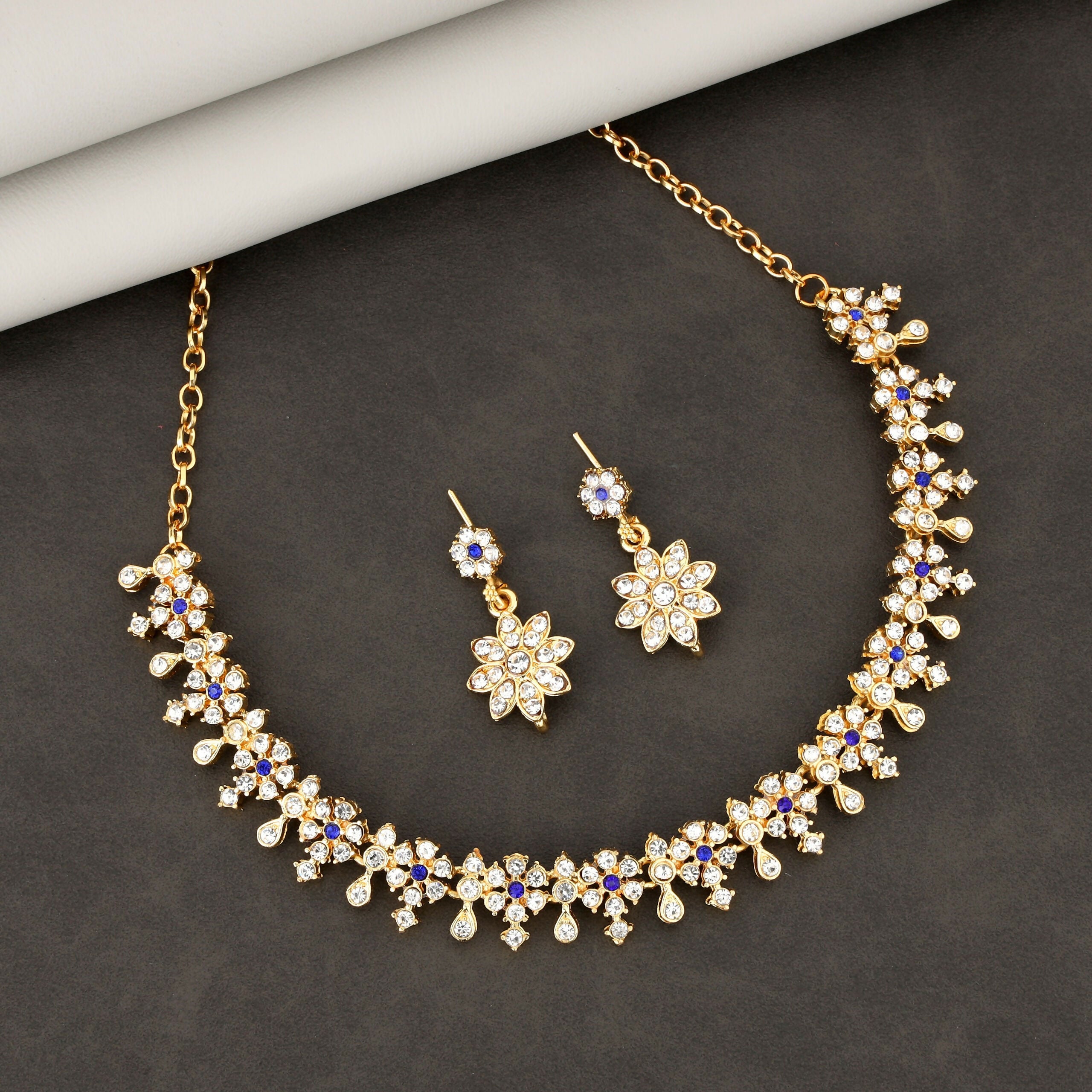 Diamond-Look Floral Choker Necklace Set with Blue Accents