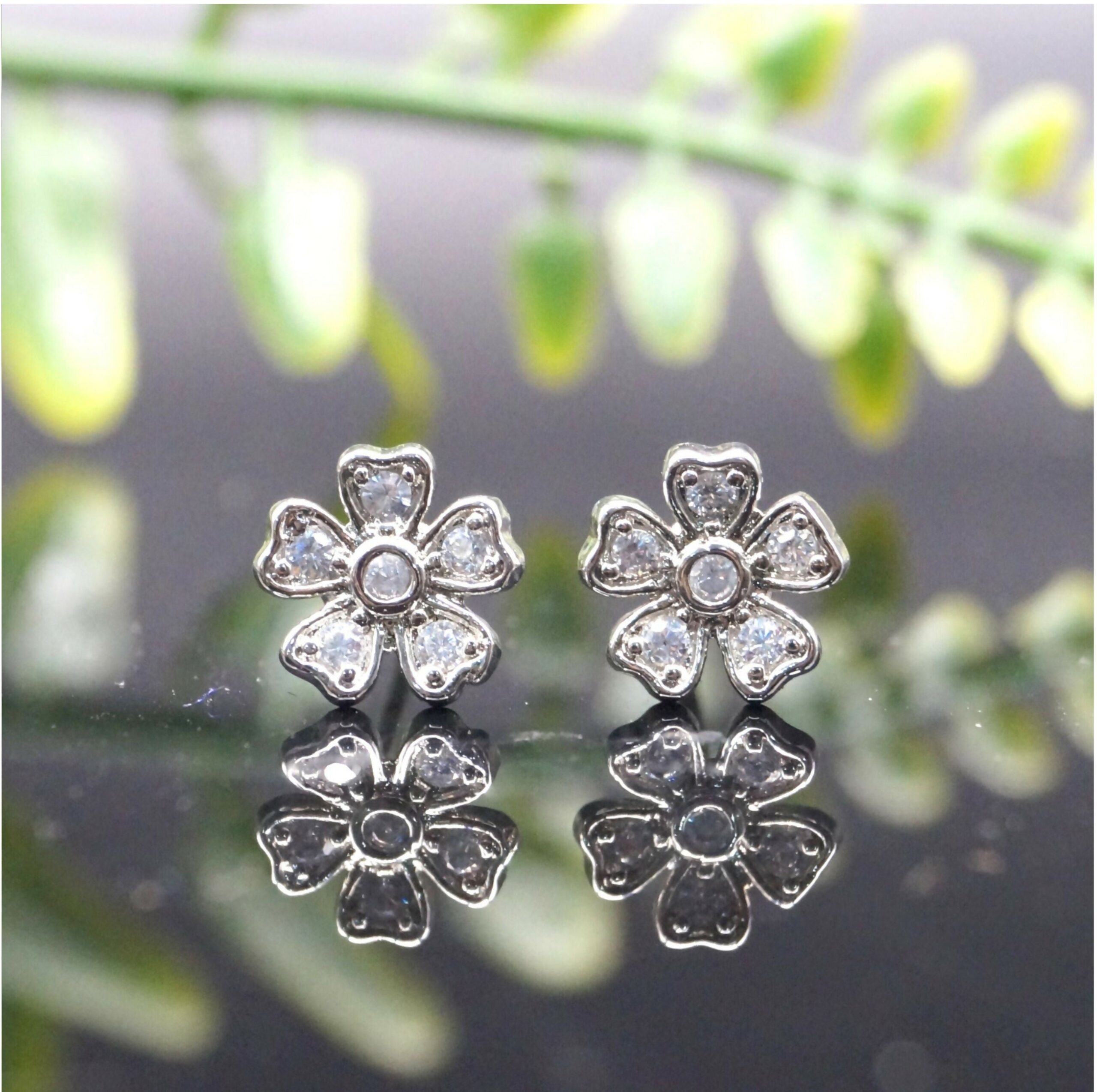 Sterling Silver AD Flower Stud Earrings - Dainty Floral Blossom Jewelry for women and girls