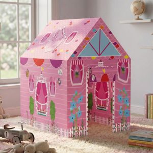 Pink Foldable Kids Play Tent House with Printed Home Design for Indoor & Outdoor Fun