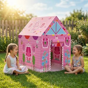 Pink Foldable Kids Play Tent House with Printed Home Design for Indoor & Outdoor Fun