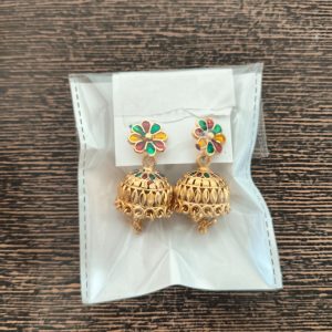 Floral Enamel Gold-Plated Jhumka Earrings, new design earrings, trendy earrings, earrings for women and girls, traditional earrings, multy color earrings