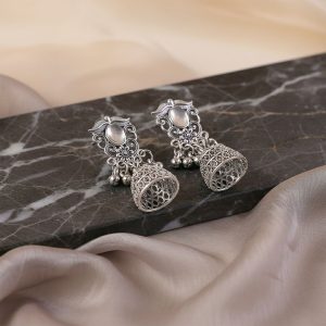 German Silver Jhumka Earrings with White Monalisa Stones