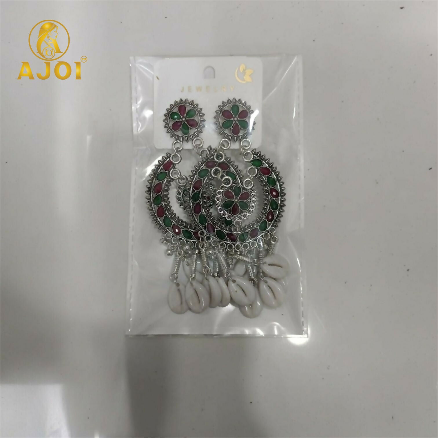 Classic Antique Silver Chandbali with Floral Enamel Work & Cowrie Shell Dangles | Traditional Wedding Statement Earrings.