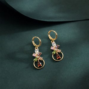 Gold-Tone Multicolor Floral Crystal Hoop Drop Earrings for Women