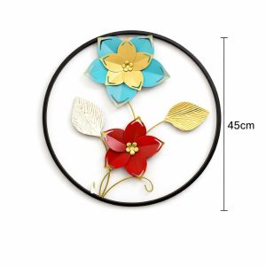 Colorful Metal Floral Wall Art Round Frame Decorative Wall Hanging