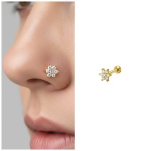 Gold Plated Crystal Flower Flat Back AD Nosepin Stud Labret for women and girls