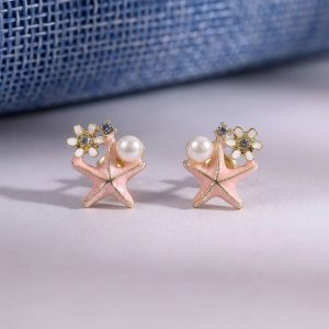 Elegant Pink Starfish Pearl Stud Earrings for Women For Girls