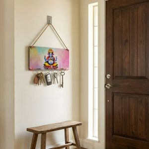 Ganpati Printed Wooden Key Holder with Rope Hanging & 4 Hooks – 6 x 12 Inch