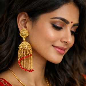 Traditional Gold Tone Tassel Jhumka Earrings Long Chain Drop Ethnic Earrings for Women