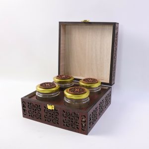 Artisanal 4-Jar Hand-Carved Wooden Gift Chest – Luxury Gourmet Storage Box