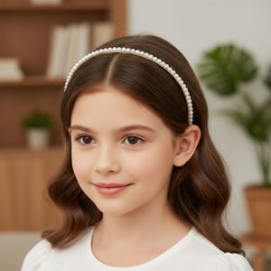 Elegant Pearl Beaded Slim Golden Metal Hair Band (1 Pc)
