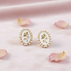 Elegant Vintage Rose Oval Pearl Stud Earrings for Women | Gold Plated Classic Floral Design | Korean Style Jewelry