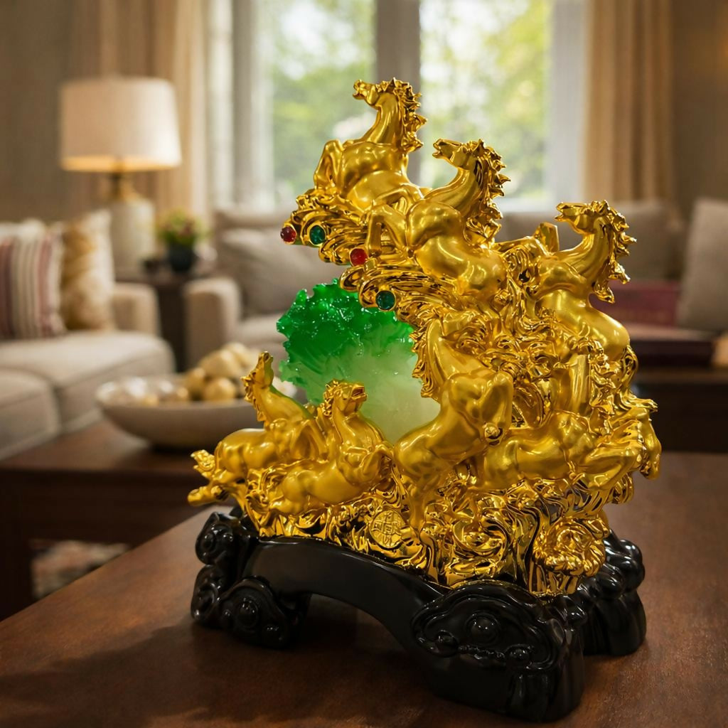 Seven Running Horses Golden Statue Feng Shui Lucky Home Decor Showpiece