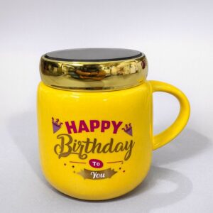 PACK OF 1 Happy Birthday Printed Ceramic Mug with Golden Lid | Premium Gift Mug for Men & Women | Designer Birthday Cup with Colorful Print | Stylish Tea & Coffee Mug for Gifting | Perfect Birthday Return Gift, Office Gift & Celebration Gift