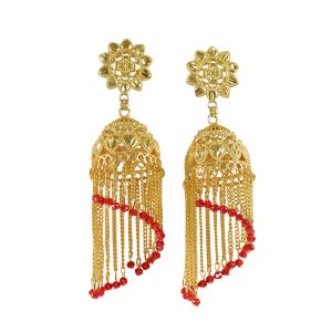 Traditional Gold Tone Double Jhumka Drop Earrings Floral Stud Ethnic Dangle Earrings for Women