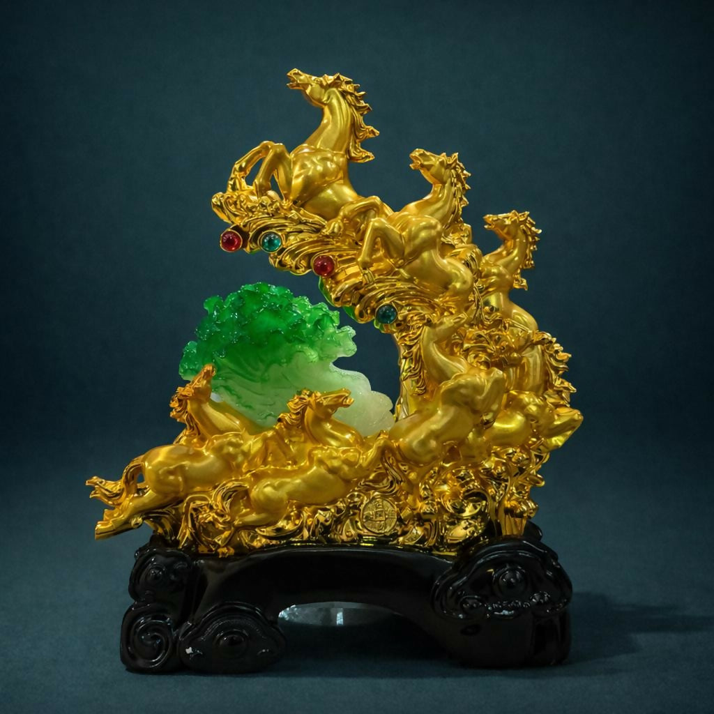 Seven Running Horses Golden Statue Feng Shui Lucky Home Decor Showpiece - Image 2