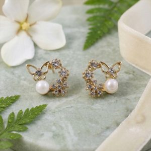 Butterfly Pearl Crystal Stud Earrings for Women And Girls