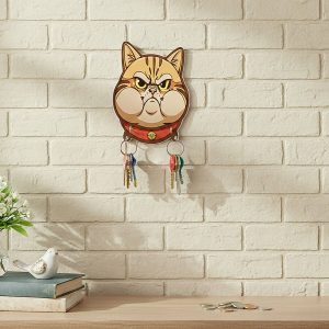 Cute Cartoon Cat Wooden Key Holder Wall Mounted Decorative Key Rack for Home Entrance