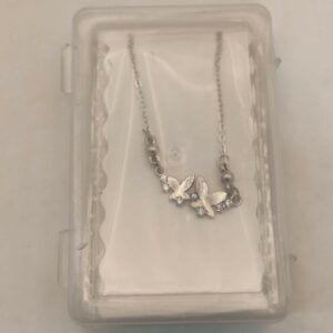 Silver Tone AD Pave Double Butterfly Bar Pendant Necklace