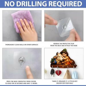 Baby Krishna with Cow Wooden Wall Key Holder – 5 Hooks Organizer